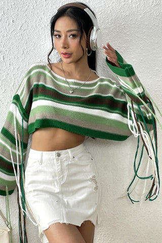 Striped Crop Sweater with Sleeve Details