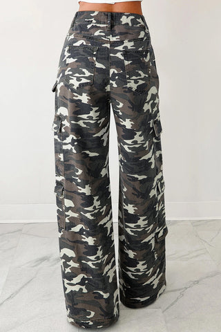 Camo Denim Cargo Wide Leg Pants