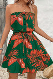 Tropical Leaf Print Strapless Dress