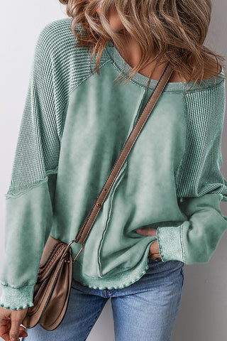 Waffle Knit Patchwork Raglan Sleeve Top