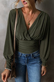 Ruched V-Neck Blouse with Long Sleeves