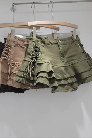 Layered Ruffle Lace-Up Mini Skirt