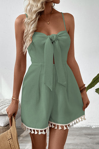 Bow Tie Front Tassel Trim Jumpsuit