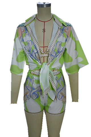 Printed Tie-Front Three-Piece Short Set