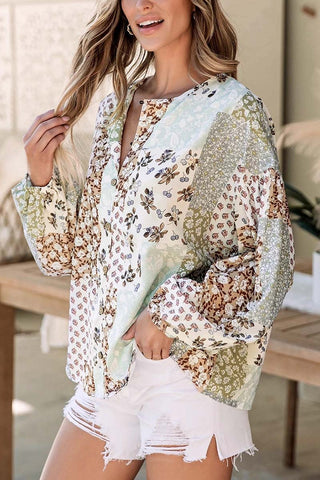 Floral Patchwork Long Puff Sleeve Shirt