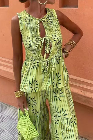 Smocked Tie-Front Top with Leaf Design