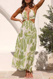 Leaf Print Halter Maxi Dress