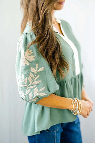 Color Block Patchwork V Neck Puff Sleeve Blouse
