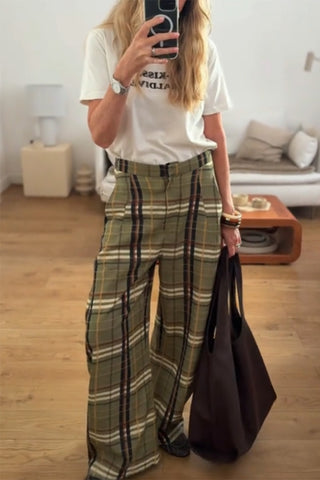 Wide-Leg Plaid Casual Pants