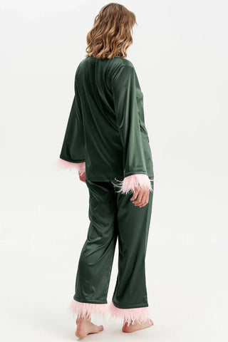 Feather Trim Button-Up Loungewear Set