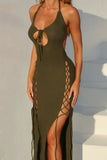 Halter Lace-Up Maxi Dress