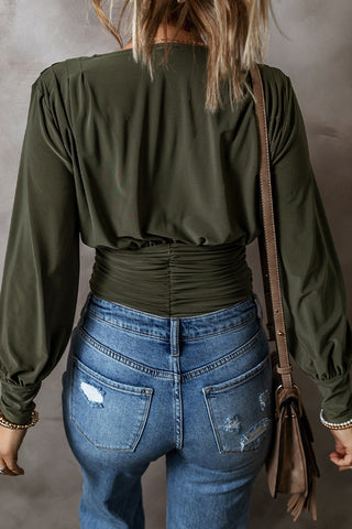 Ruched V-Neck Blouse with Long Sleeves