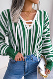 Striped Lace-Up V-Neck Sweater