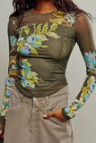 Floral Long-Sleeve Mesh Blouse