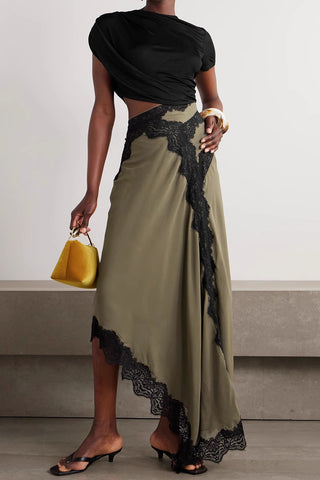 Lace-Trim Asymmetrical Patchwork Dress