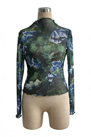 Floral Long-Sleeve Mesh Top