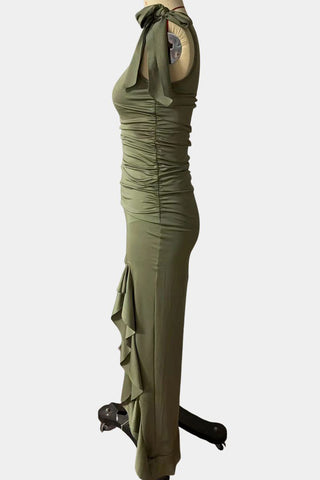 Ruffle-Trimmed Side-Slit Casual Dress