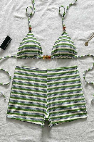 Striped Bikini Set with High-Waist Bottoms