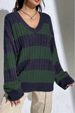 Striped V-Neck Cable Sweater