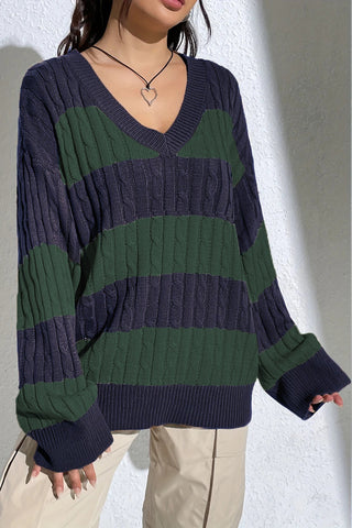 Striped V-Neck Cable Sweater