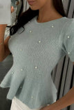 Short-Sleeve Peplum Sweater with Pearl Details