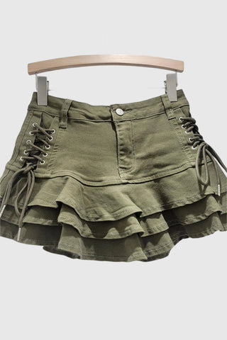 Layered Ruffle Lace-Up Mini Skirt