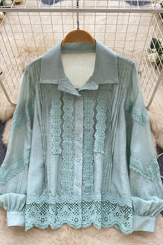 Lace Trim Button-Up Blouse