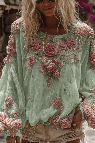 Floral Embellished Balloon Sleeve Blouse