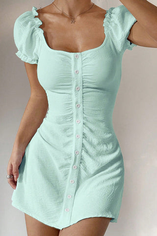 Buttoned Puff Sleeve Casual Dress
