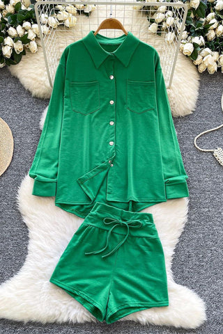 Button-Up Long Sleeve Shorts Set