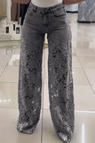 Lace Cutout Flare Denim Pants