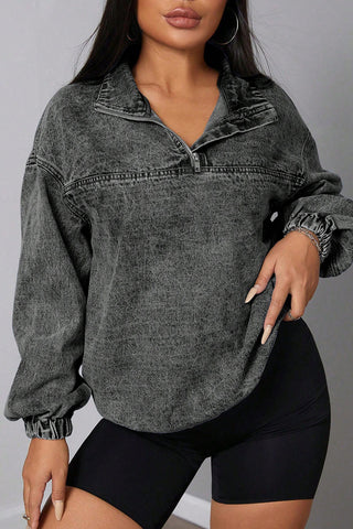 Zip-Front Denim Pullover Blouse