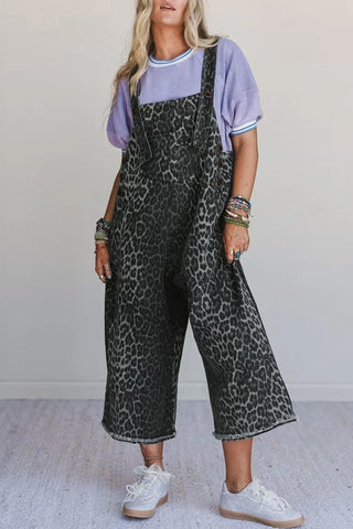 Leopard Print Button Strap Cropped Overalls