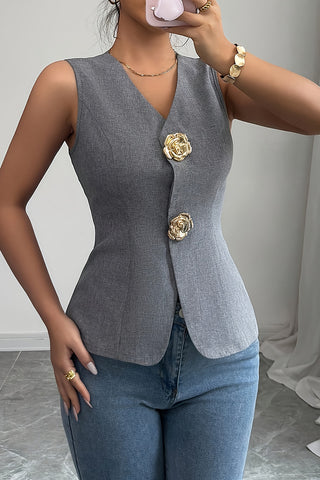 Floral Buttoned Sleeveless Vest