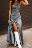 Button-Front Denim A-Line Dress