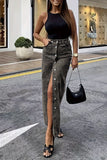 Button-Front Denim Midi Skirt