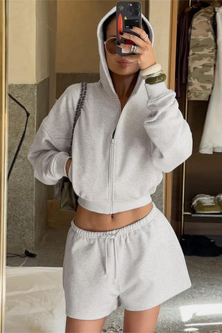 Casual Zip-Up Short Set with Hood