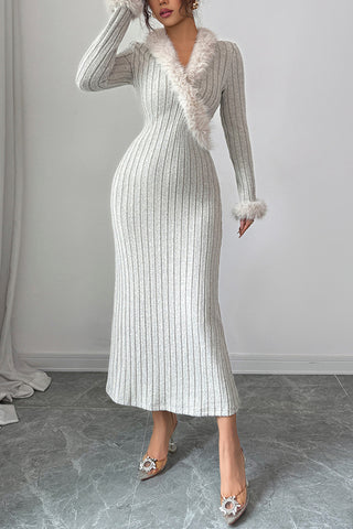 Fur-Trimmed Ribbed Midi Dress