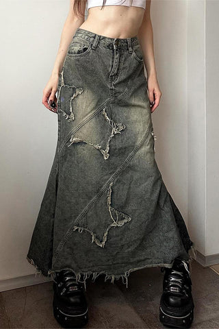 Distressed Maxi Skirt with Unique Stitching