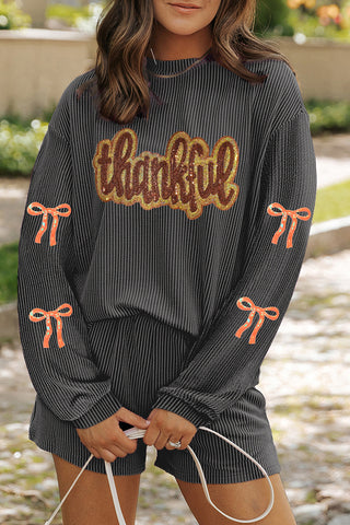 Thankful Letter Sequin Bow Sleeve Short Set