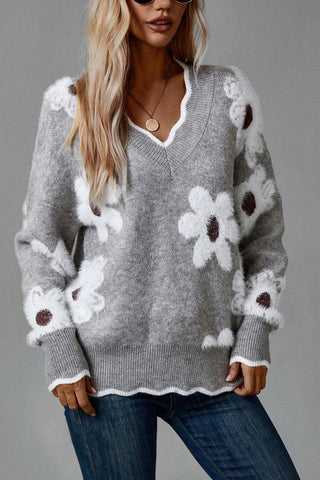 Floral Pattern V-Neck Sweater