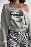 Graphic Lip Print Off-Shoulder Top