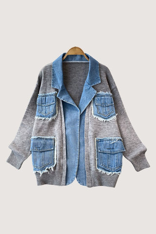 Distressed Pocket Cardigan with Denim Trim