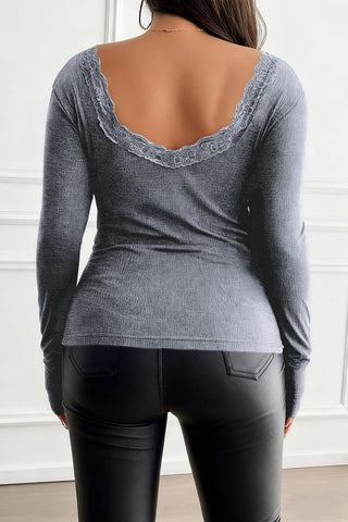 Lace Trim Ribbed Knit Long Sleeve Top