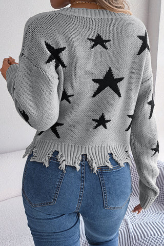 Star-Patterned Distressed Hem Sweater