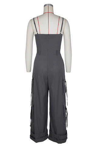 Wide-Leg Cargo Jumpsuit with Straps