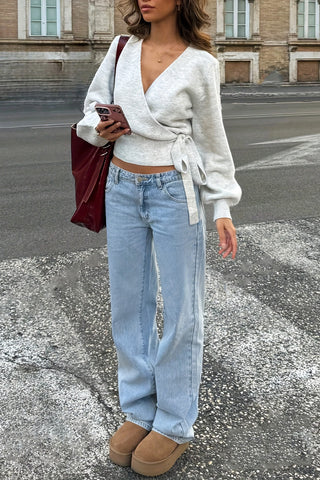 Wrap-Style V-Neck Knit Top