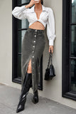 Button-Front Denim Midi Skirt