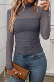 Sheer Long-Sleeve Mock Neck Blouse