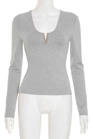 Deep V-Neck Long Sleeve Blouse